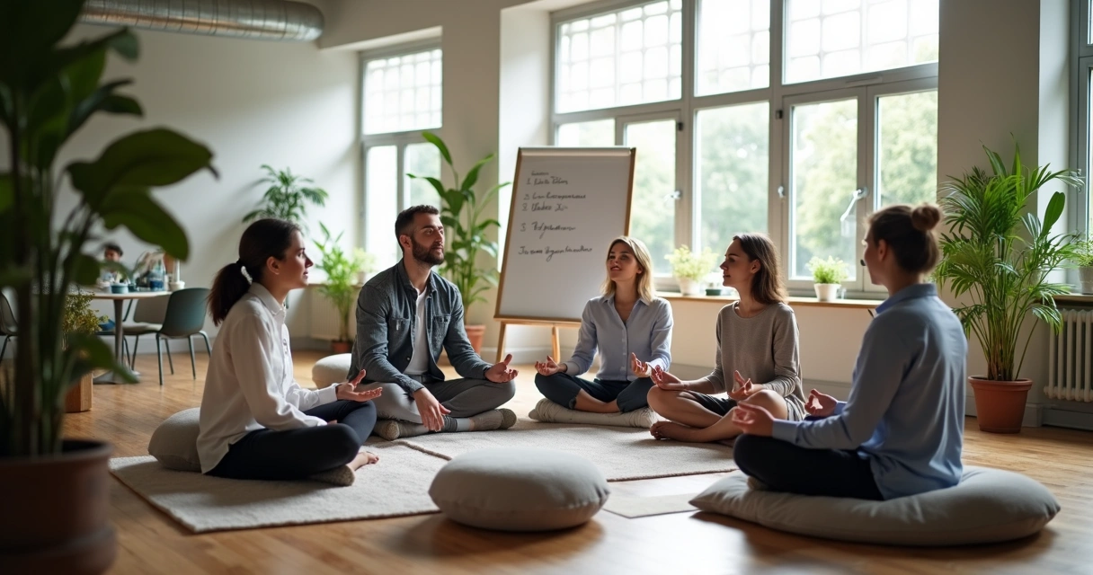 Grupo de colaboradores sentados em círculo praticando mindfulness no escritório 