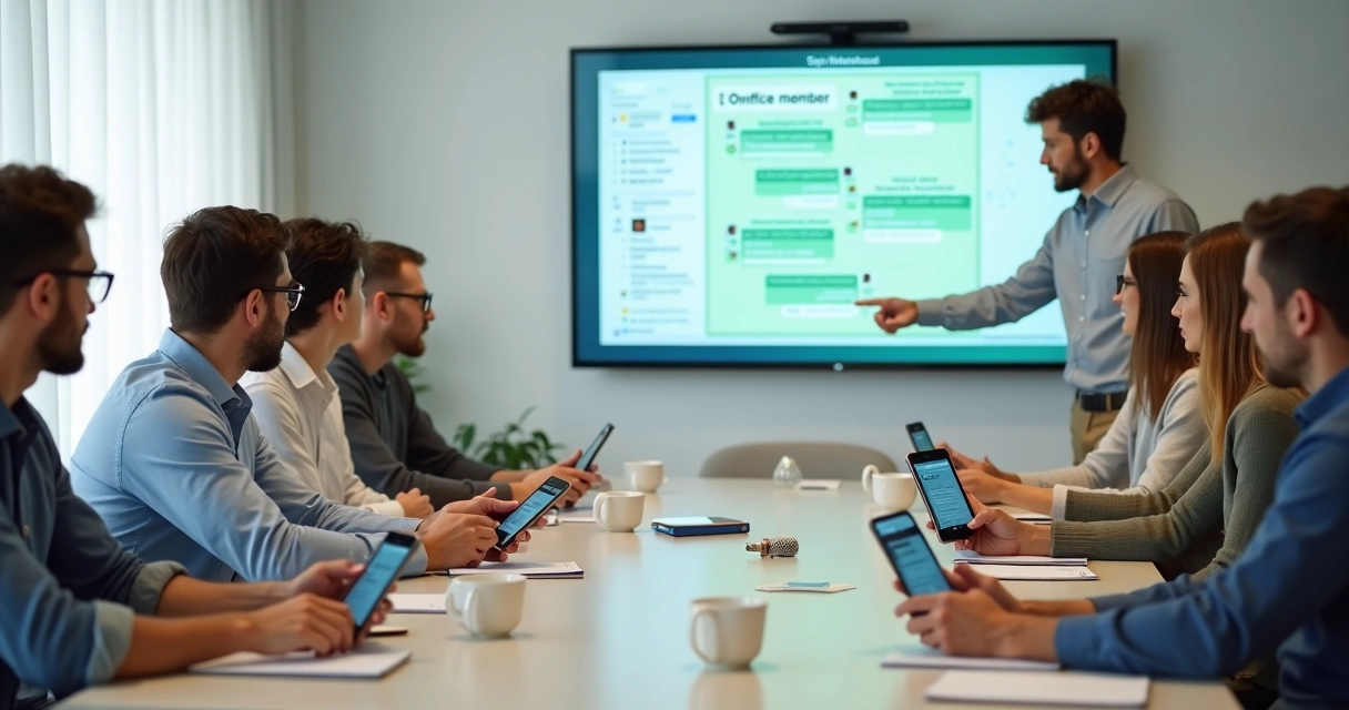 Reunião de moradores organizando grupos de WhatsApp em condomínio 