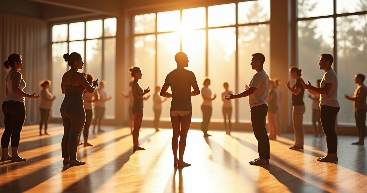 Pessoas em círculo em uma sala ampla praticando movimentos suaves juntos. 