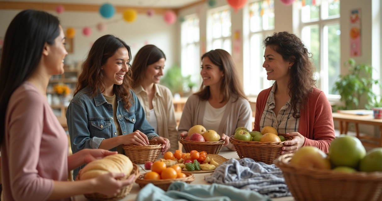 Grupo de mulheres sorrindo enquanto organizam alimentos e roupas para doar 