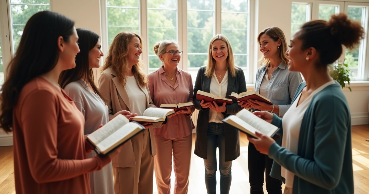 Grupo de mulheres sorrindo em círculo com Bíblias abertas 