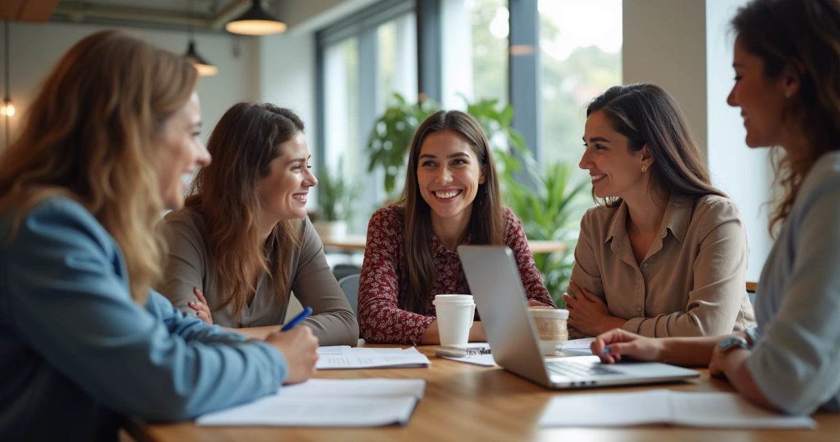 Grupo de mulheres empreendedoras trocando apoio em reunião 