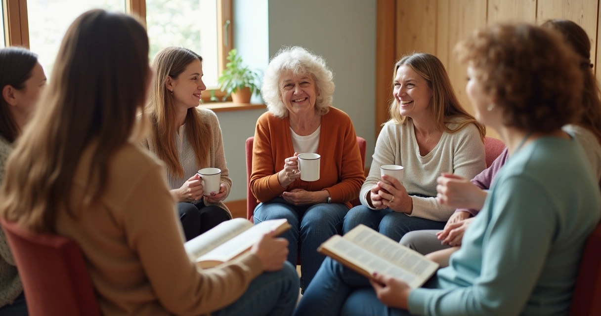 Grupo de mulheres em roda conversando na igreja 
