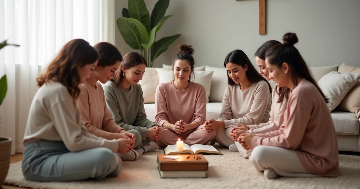 Pequeno grupo de mulheres cristãs orando em círculo em uma sala aconchegante 