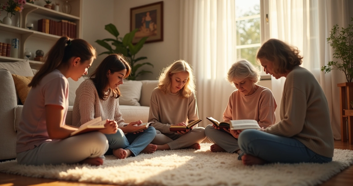 Mulheres cristãs reunidas em oração, sentadas em círculo 