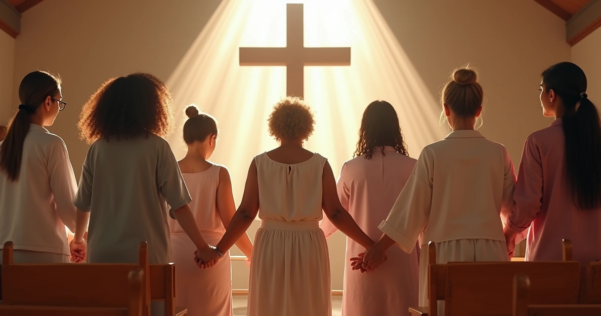 Grupo de mulheres em círculo de oração, mãos dadas, orando em um salão bem iluminado. 