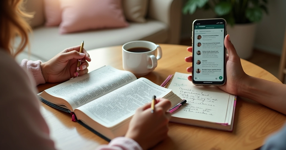 Mulheres cristãs fazendo devocional com Bíblia e celular aberto em grupo de WhatsApp 