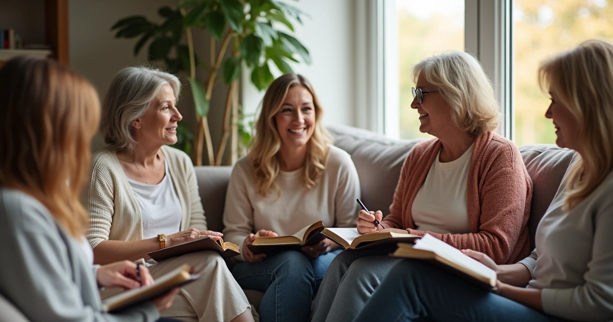 Grupo de mulheres reunidas discutindo Bíblia em ambiente acolhedor 