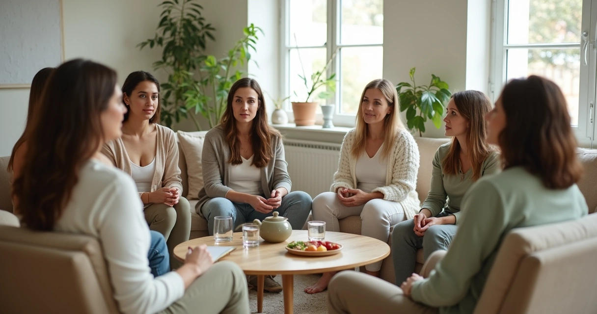 Mulheres sentadas em círculo conversando sobre emagrecimento em grupo 