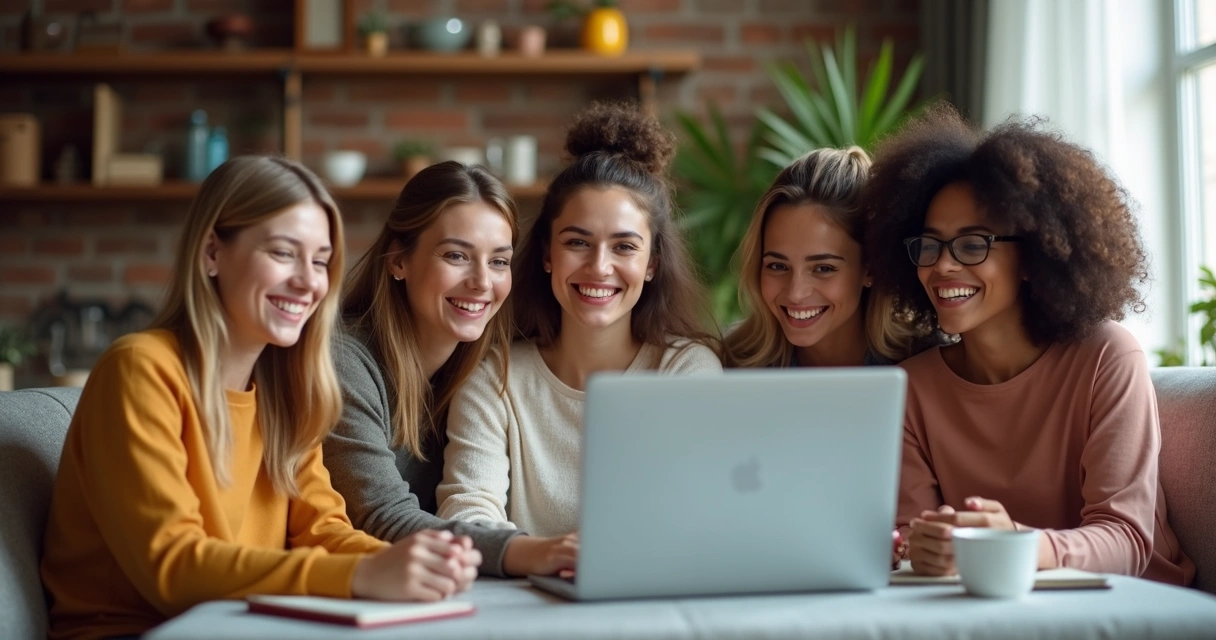 Grupo de mulheres sorrindo em reunião online pelo notebook 