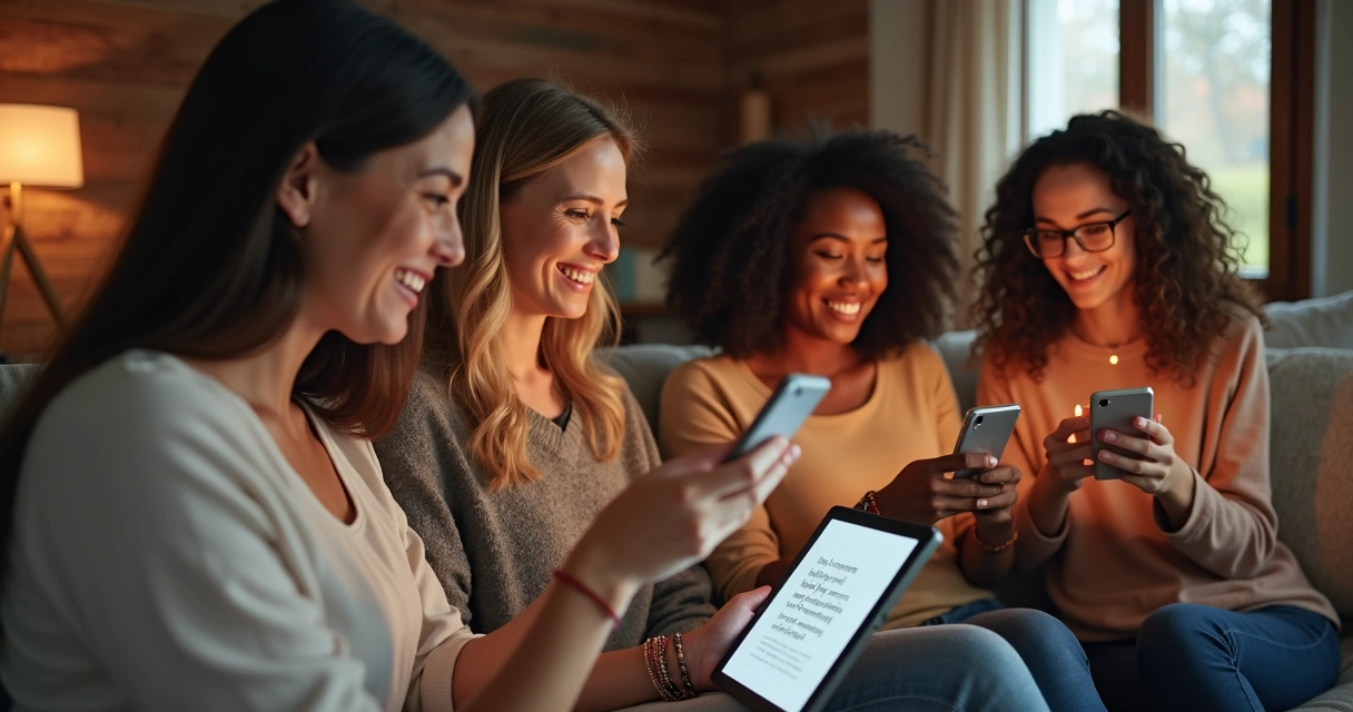 Grupo de mulheres compartilhando mensagem devocional no celular