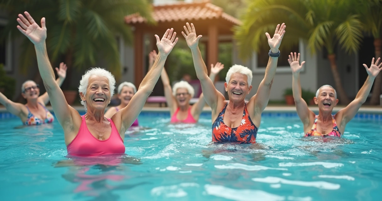 Grupo de mulheres mais velhas praticando hidroginástica juntas 