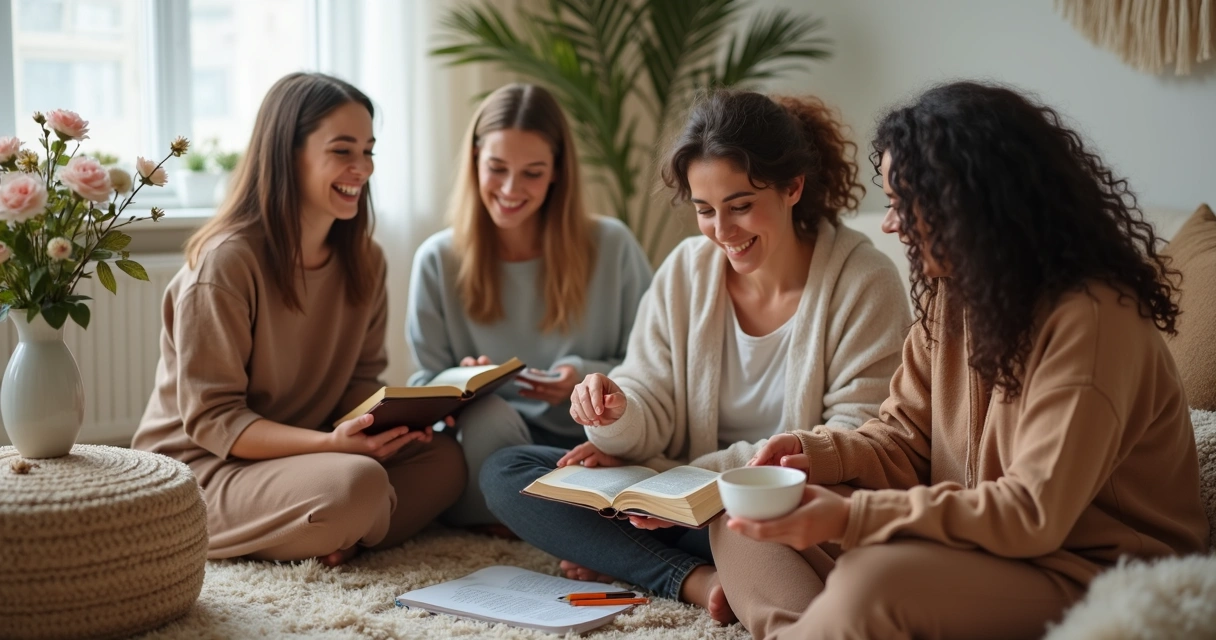 Grupo de mulheres lendo a Bíblia em um ambiente aconchegante 