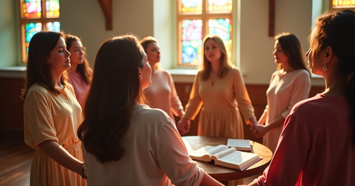 Mulheres reunidas em círculo em momento de oração e comunhão em ambiente de igreja com cores suaves e iluminação natural 