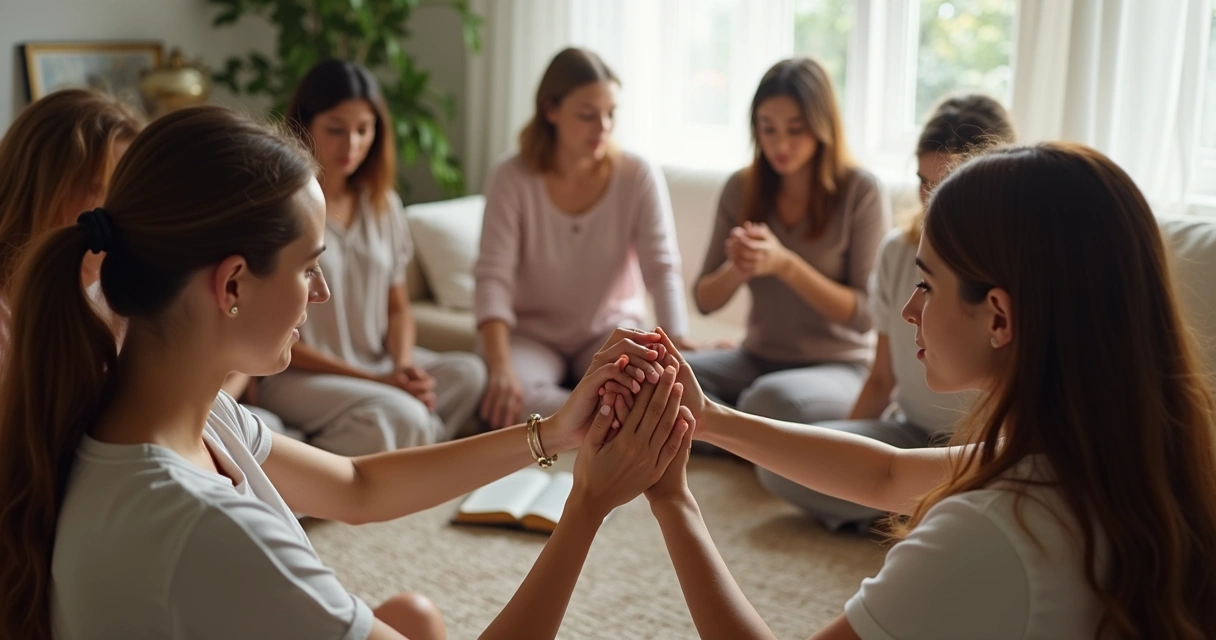 Grupo de mulheres cristãs orando juntas em círculo