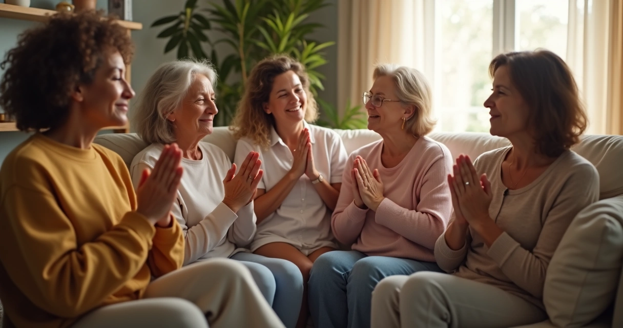 Grupo de mulheres sentadas em círculo orando juntas 