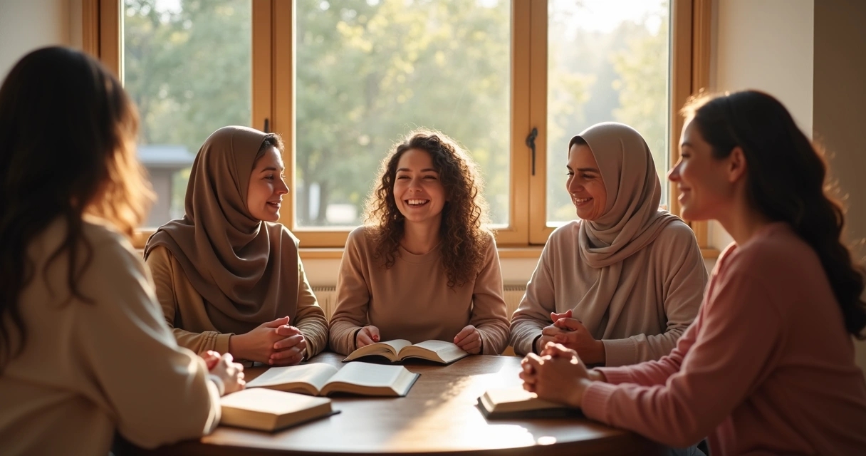 Grupo de mulheres segura as mãos e ora junto em um círculo. 