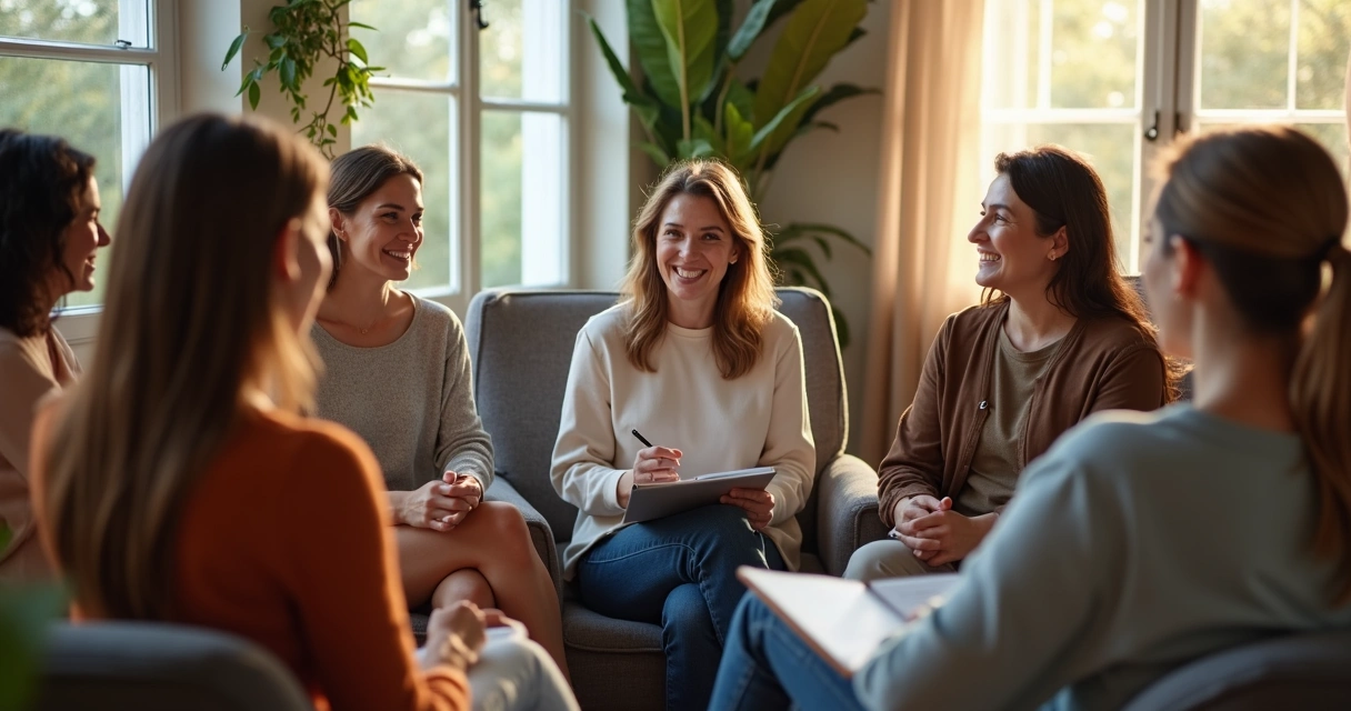Grupo de mulheres sorrindo em roda de conversa 