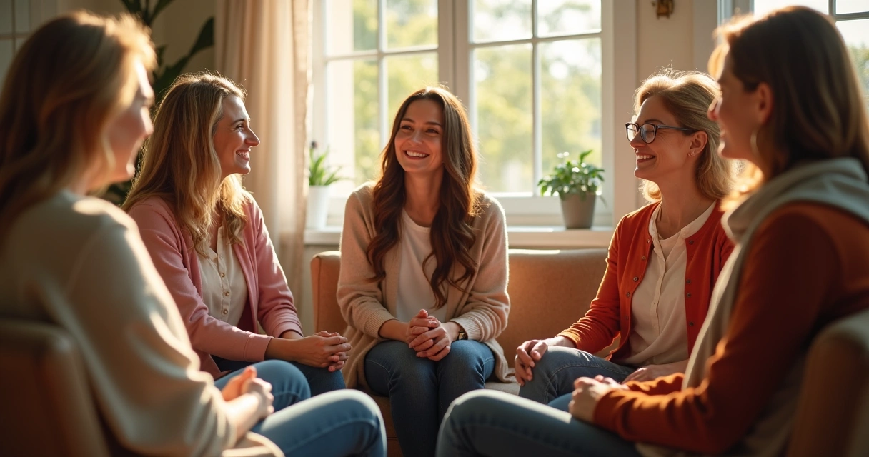 Grupo de mulheres sentadas, conversando, sorrindo, clima amistoso, integração e leveza 