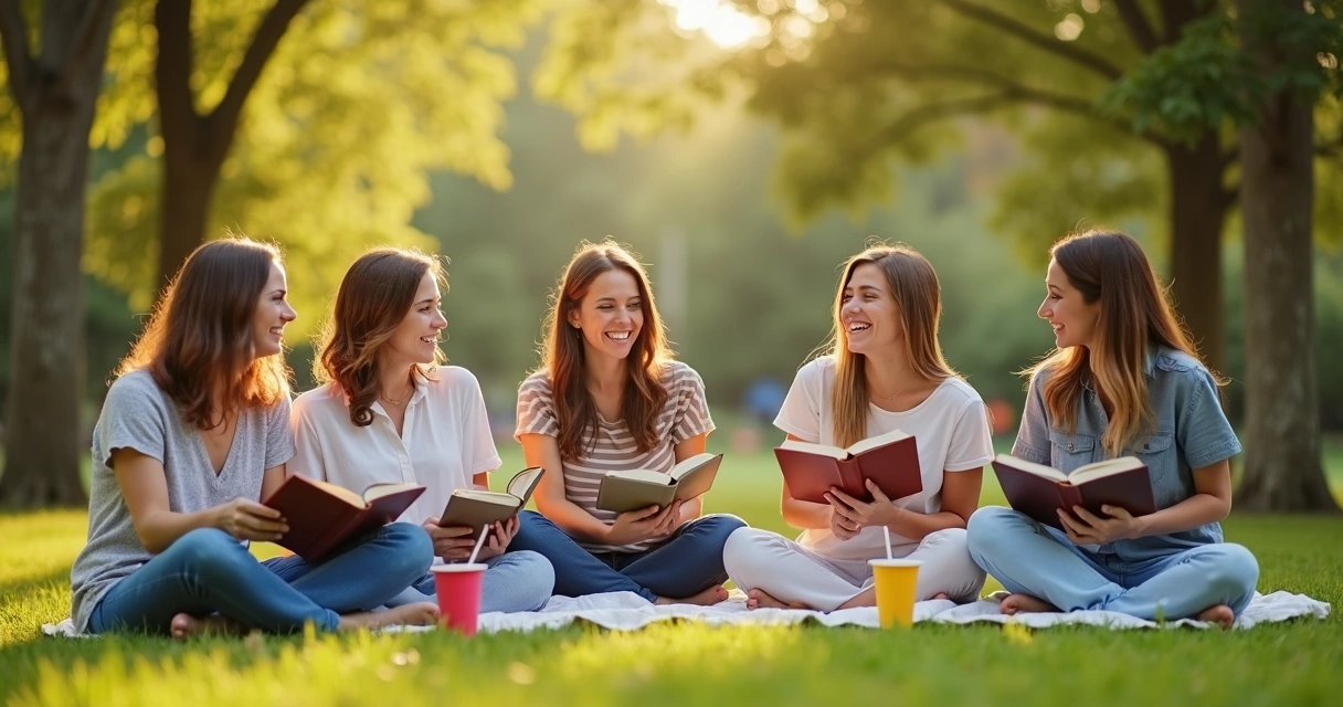 Mulheres lendo juntas a Bíblia no verão, sentadas no gramado 