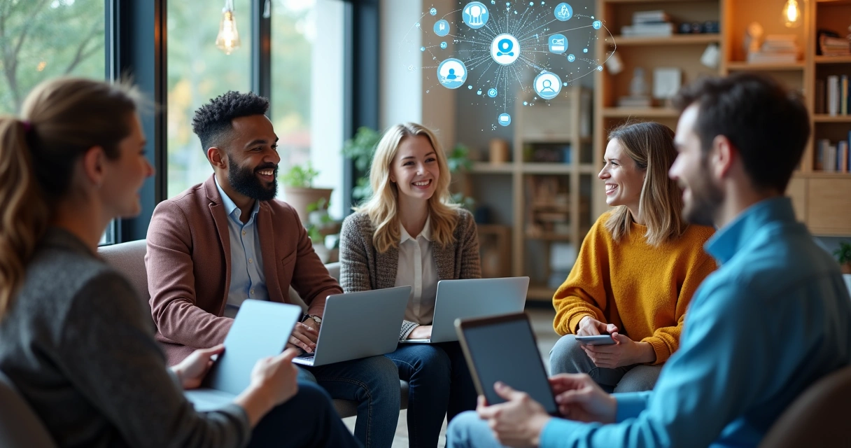 Grupo diversas pessoas com dispositivos eletrônicos em círculo trocando ideias 