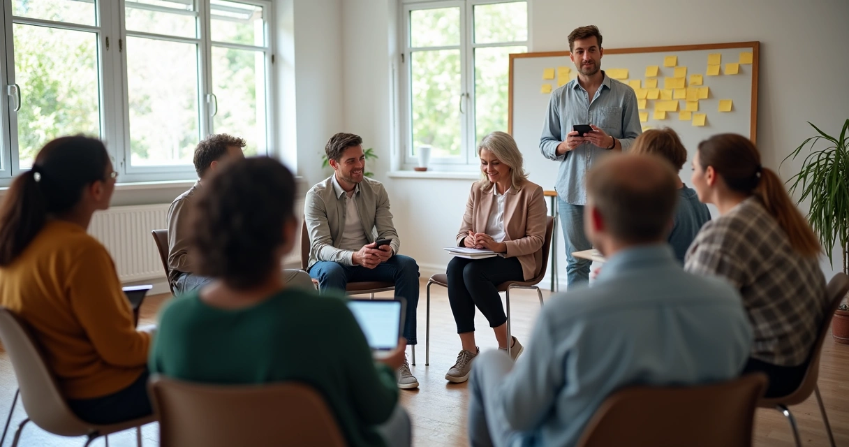 Pessoas de diferentes origens sentadas em círculo participando de uma reunião de autogestão 