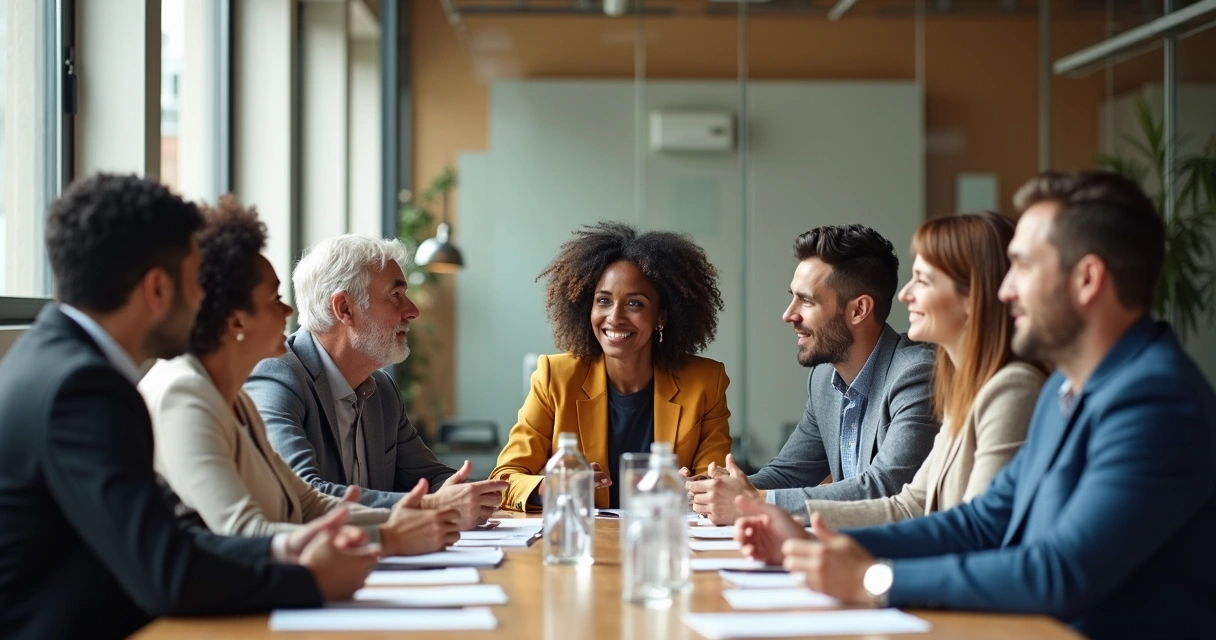 Pessoas diversas reunidas em torno de uma mesa em ambiente corporativo