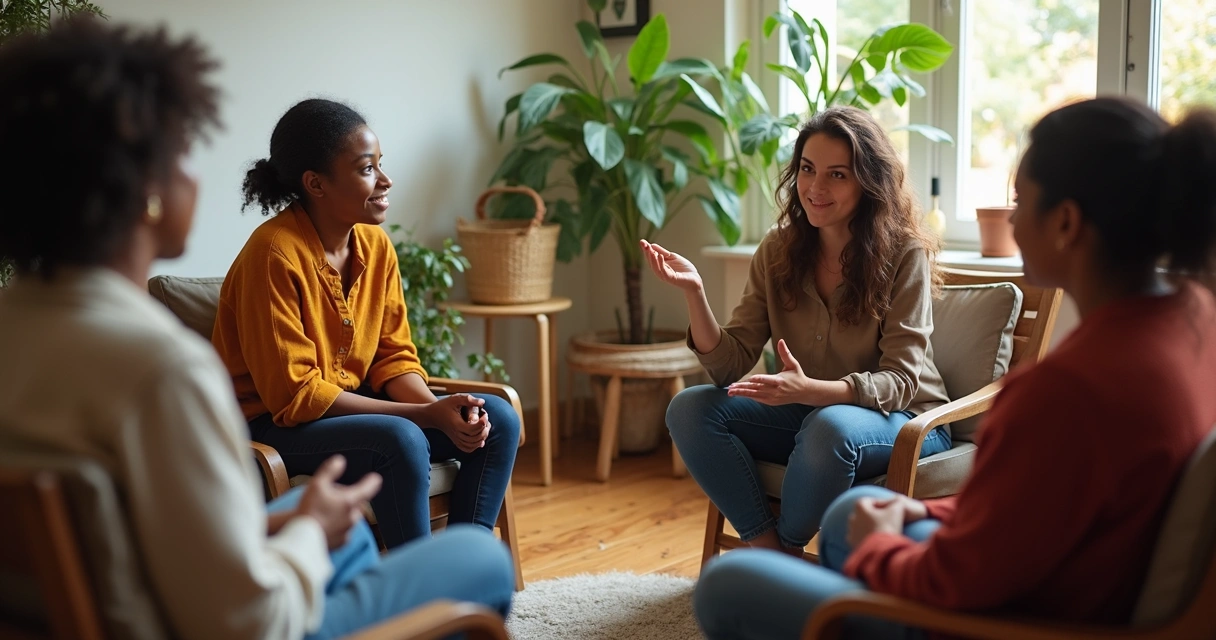 Grupo multicultural de pessoas reunidas em círculo em ambiente iluminado 