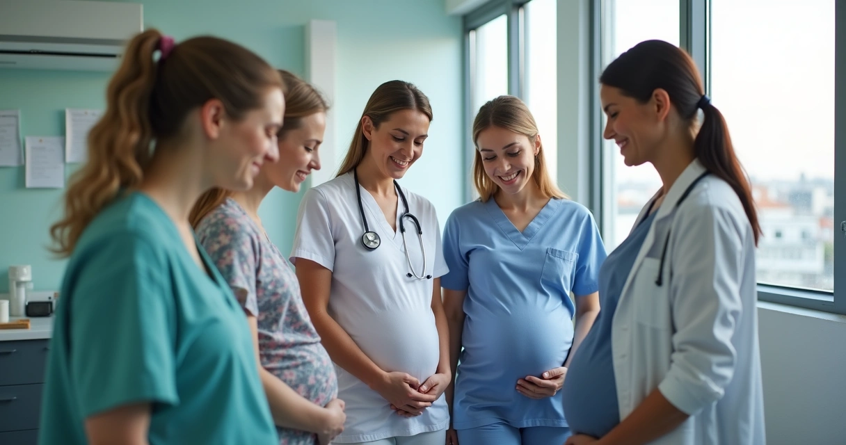 Equipe multiprofissional atendendo gestantes em clínica moderna 