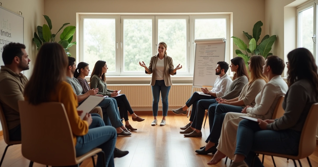 Terapeuta conduz roda multifamiliar em sala ampla iluminada 
