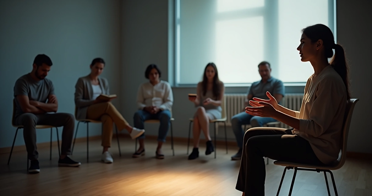Persona en habitación parcialmente iluminada mientras un grupo al fondo niega atención 