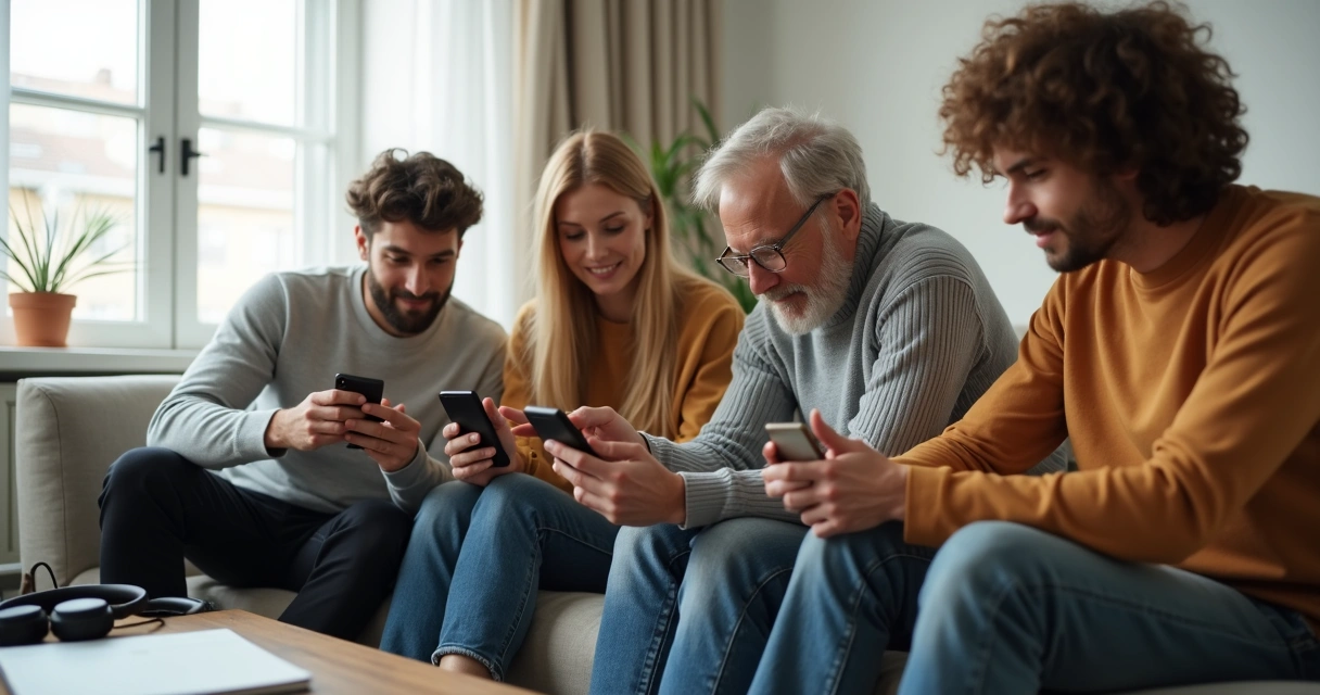 Grupo olhando celulares e decidindo compra online 