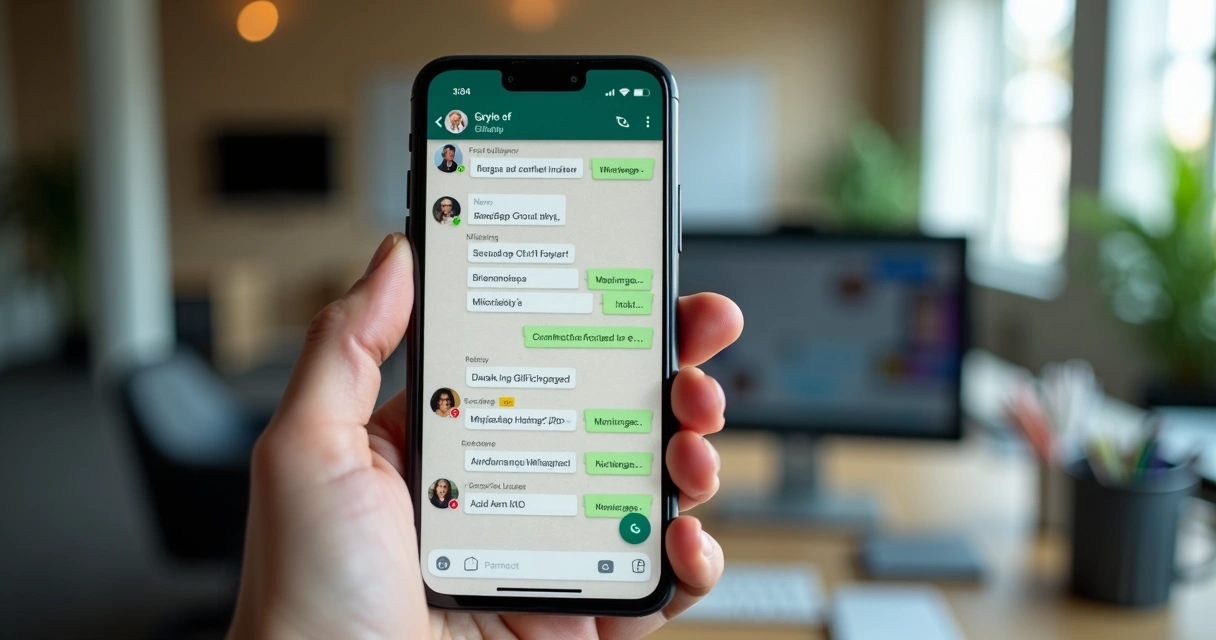 Mão segurando celular com grupo WhatsApp e várias notificações