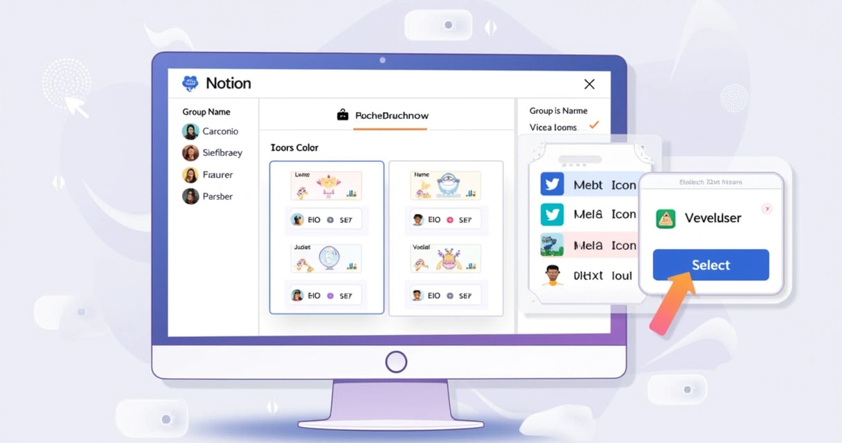 Tela de configuração de grupo no Notion, mostrando nome, ícone e cor 