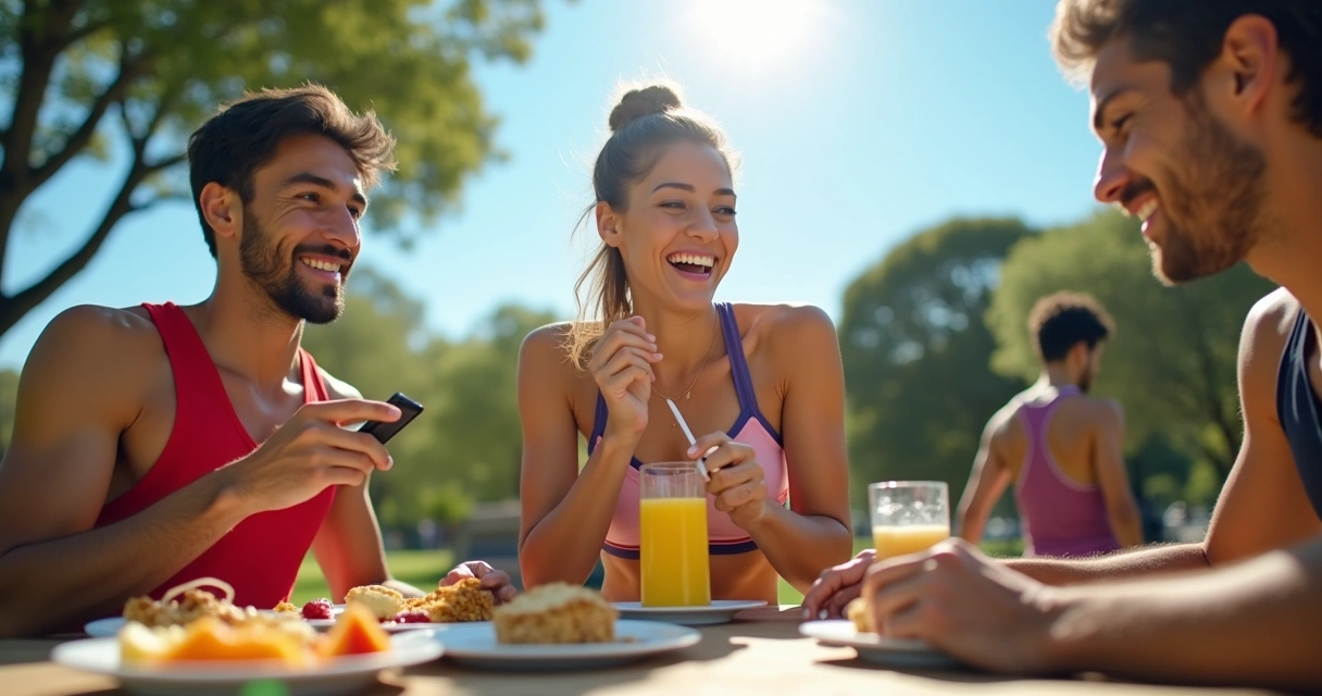 Grupo diversificado consumindo lanches saudáveis em parque, com frutas e discussão sobre nutrição.