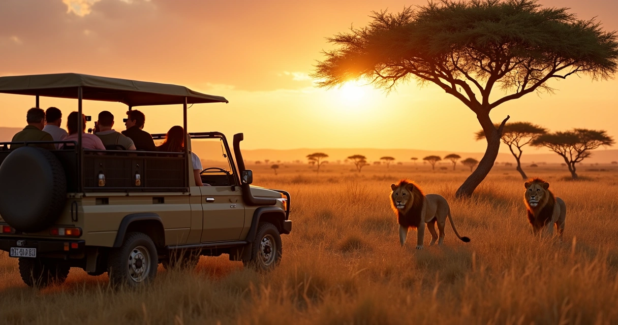 Turistas em veículo aberto observando leões na savana africana 