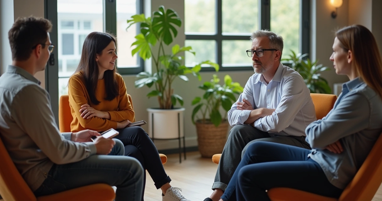 Grupo em reunião observando linguagem corporal e sinais sutis