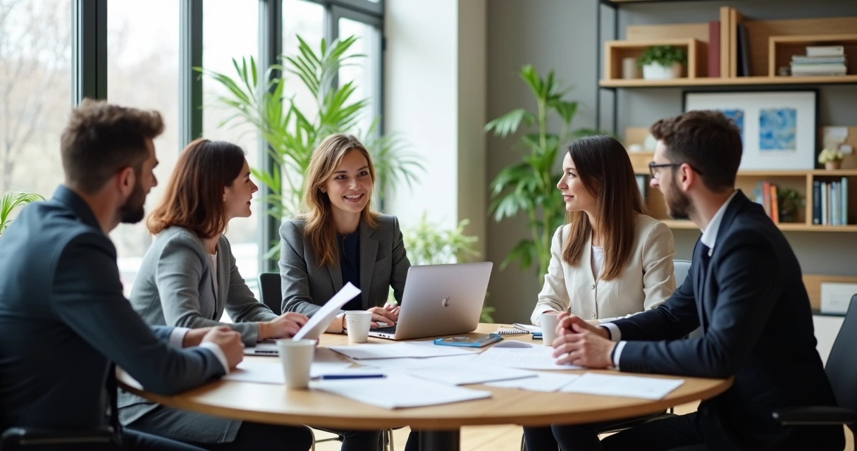 Personas en una oficina sentados alrededor de una mesa de trabajo en discusión amistosa 