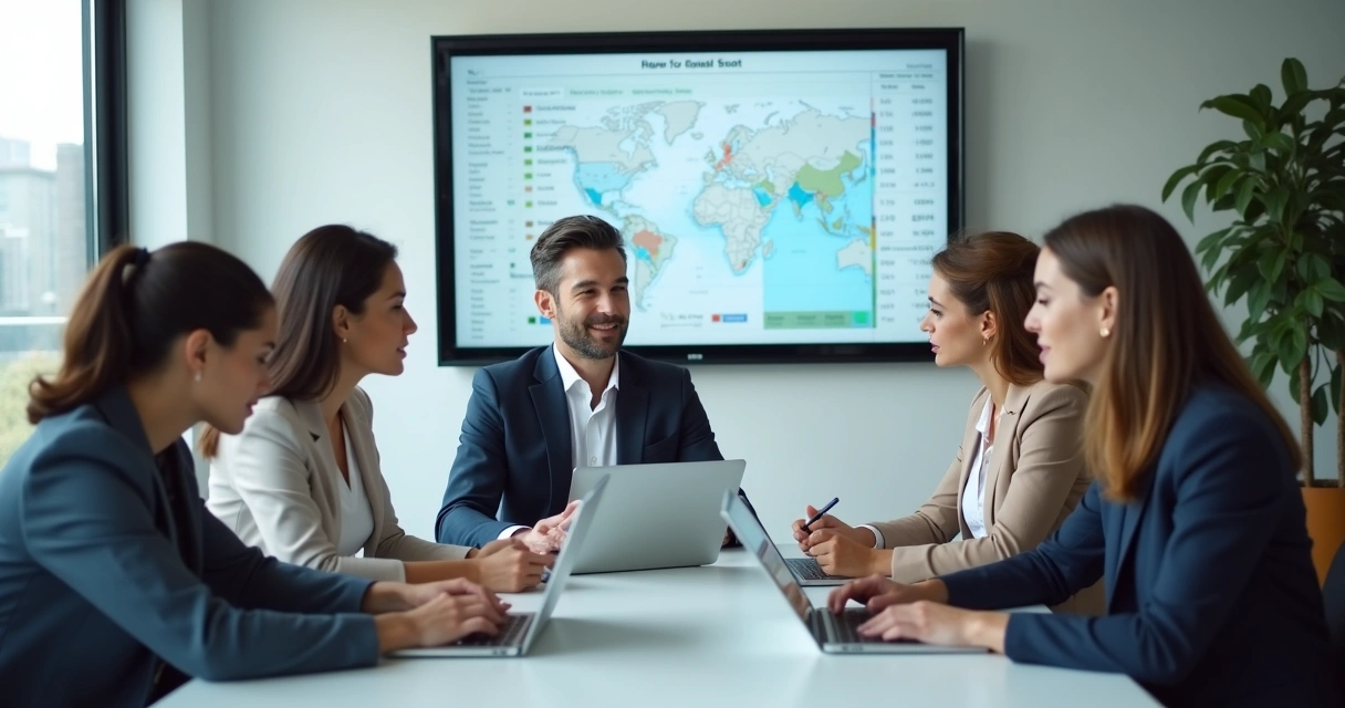 Grupo de pessoas sentadas ao redor de uma mesa, olhando para computadores e tablets, discutindo sobre imóveis de leilão
