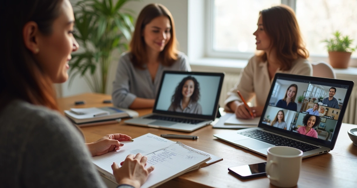 Mulheres em reunião online com comunidade paga 
