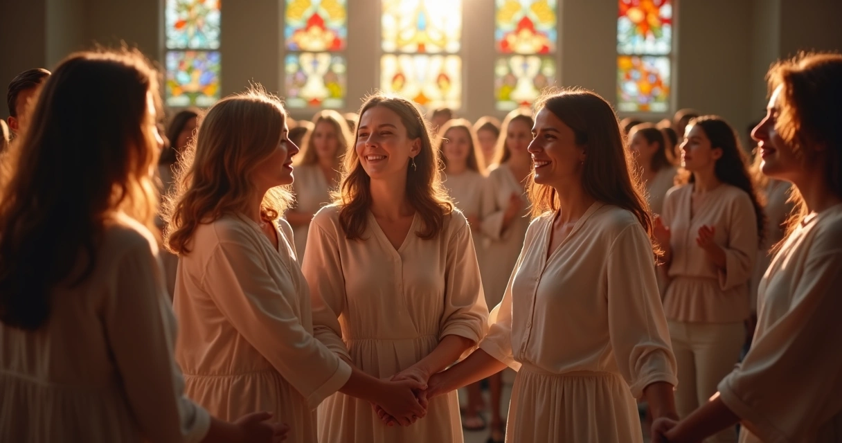 Mulheres cristãs orando em círculo, de mãos dadas, em igreja iluminada 