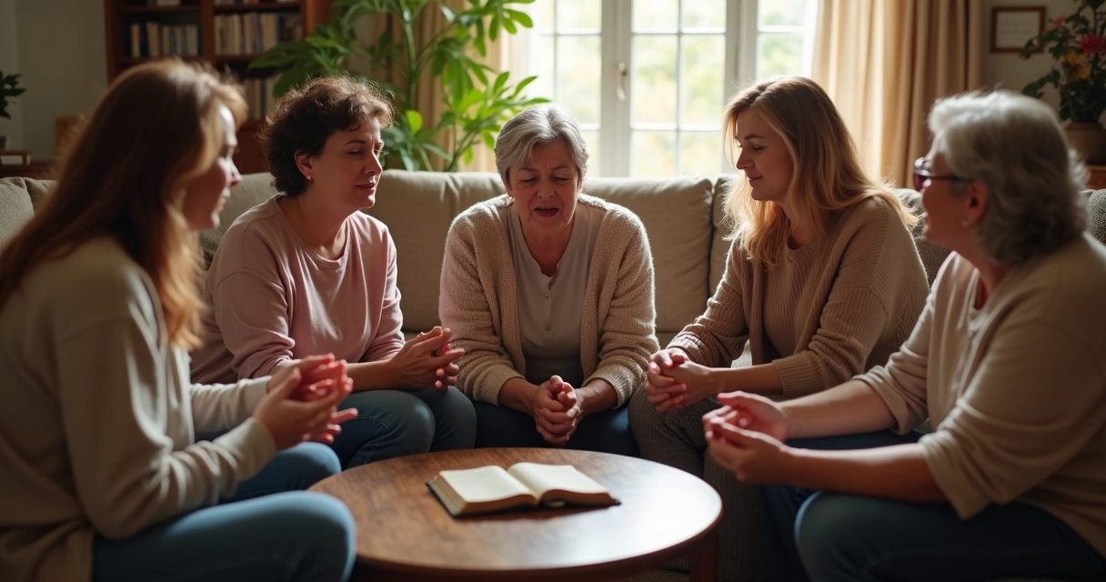 Mulheres cristãs reunidas em círculo orando e apoiando uma à outra em momento de vulnerabilidade 
