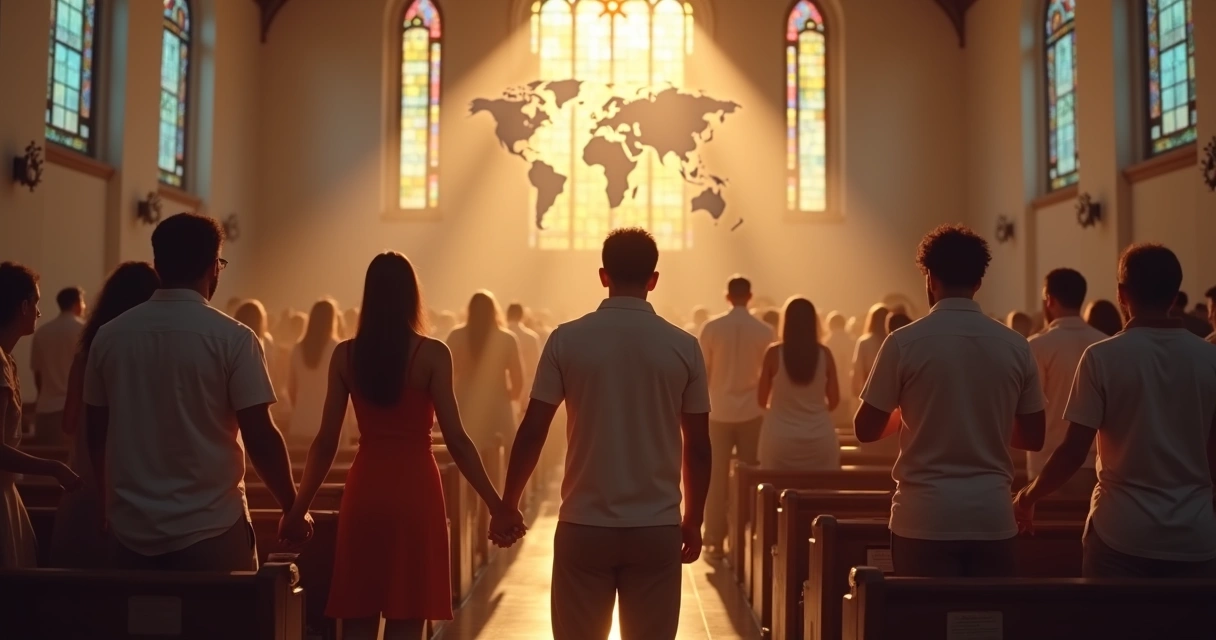 Grupo orando juntos por missionários na igreja 