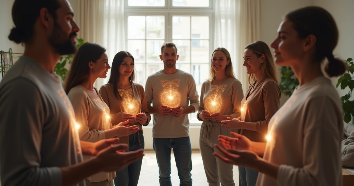 Grupo de pessoas conectadas por linhas iluminadas representando padrões emocionais herdados 