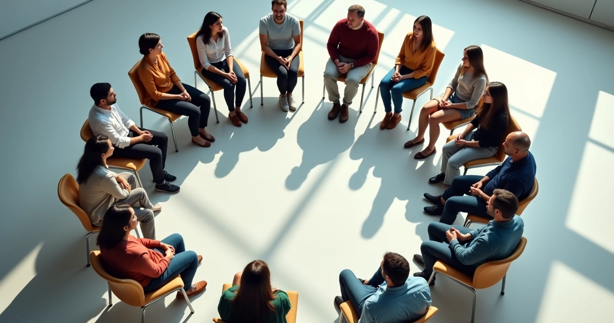 Grupo em sala visto de cima com sombras projetando padrões interligados no chão 