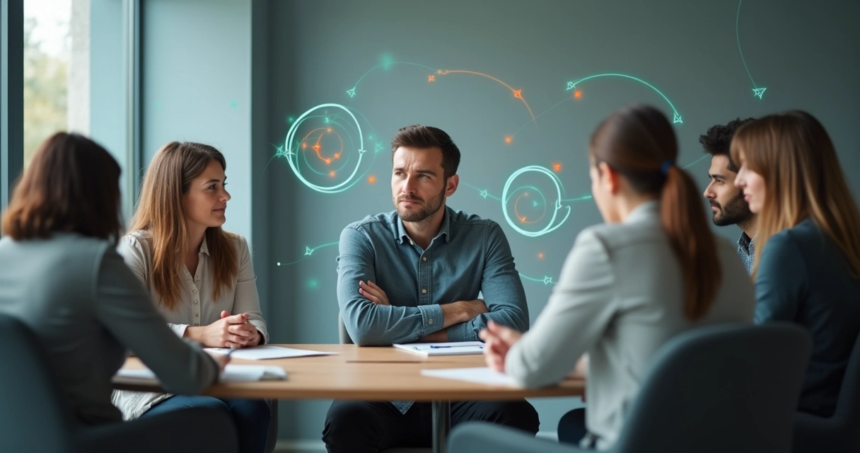 Pessoa em destaque em grupo social com linhas conectando comportamentos repetitivos ao redor 