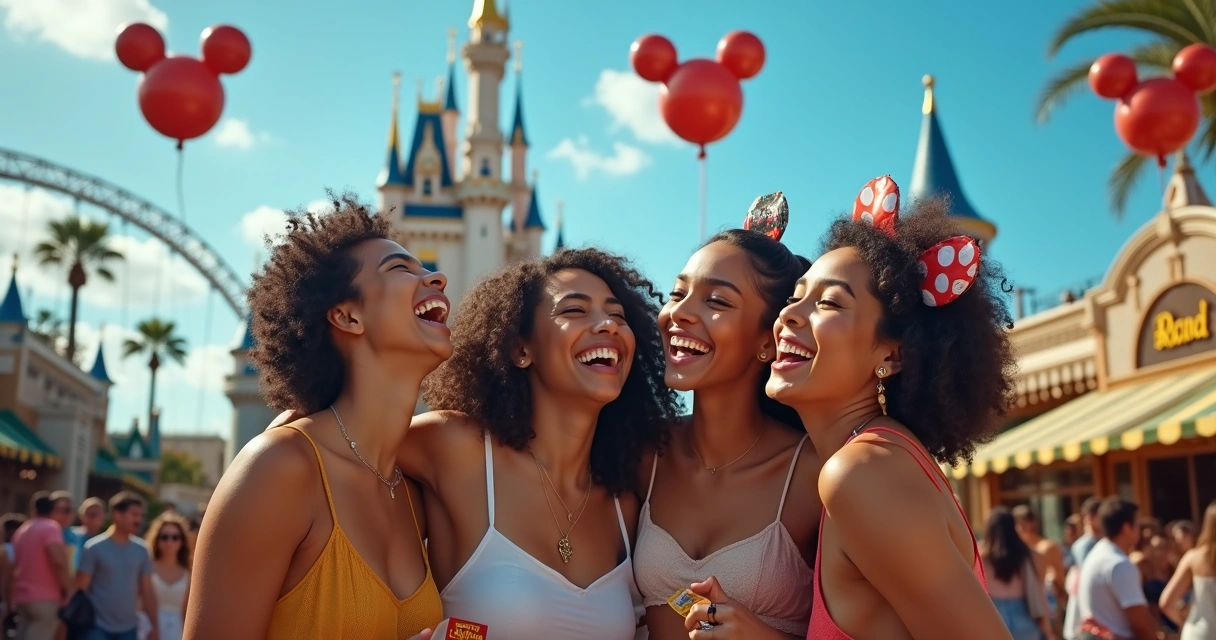 Grupo de brasileiros sorrindo em parque temático em Orlando 
