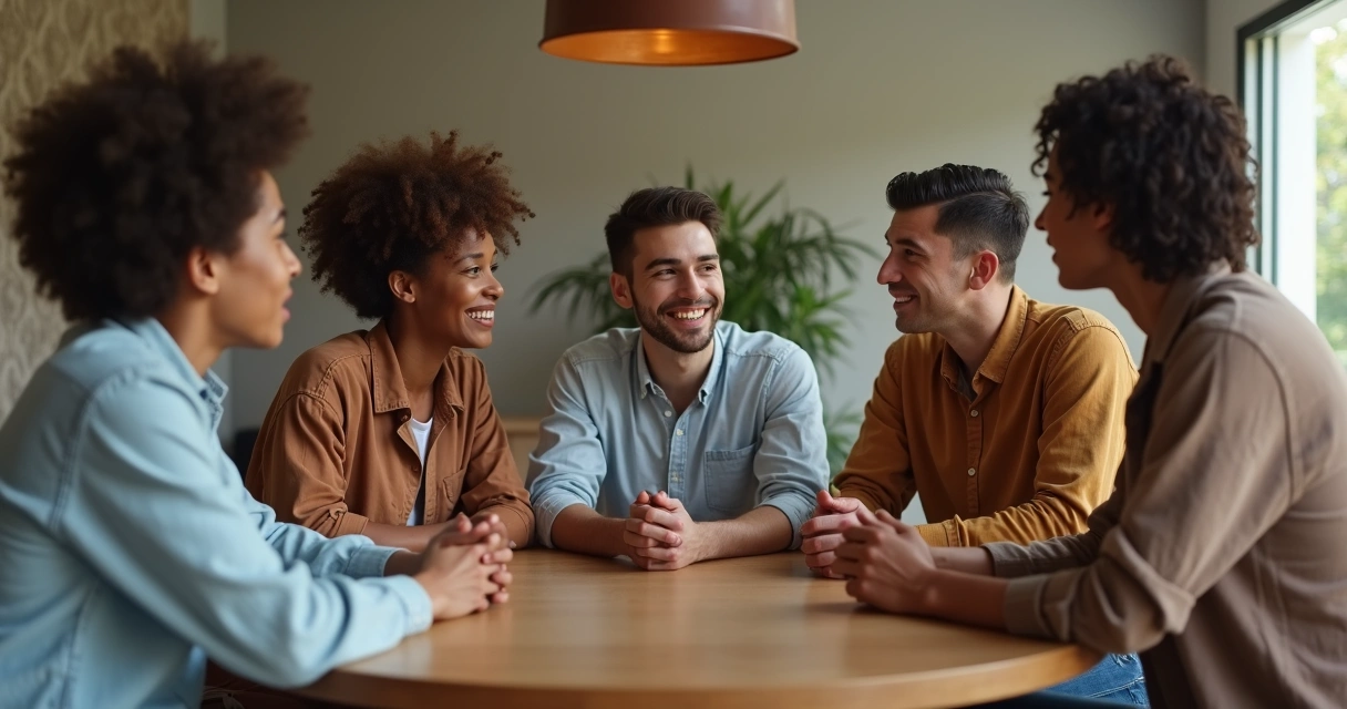 Participantes de reality reunidos em volta de uma mesa redonda 