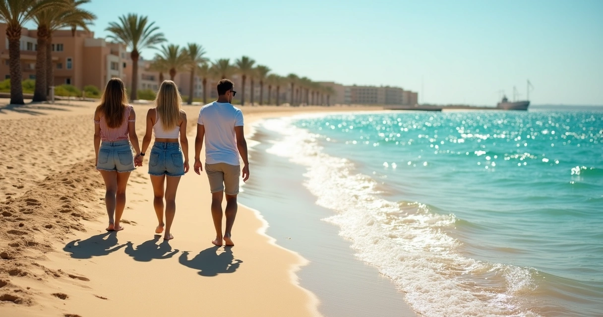 Grupo de viajantes caminhando na areia perto do mar em Sharm el-Sheikh 