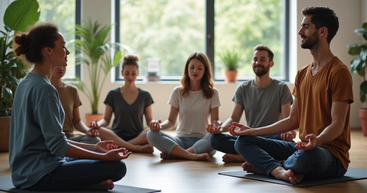 Grupo de personas en círculo haciendo pausa de atención plena en un espacio de trabajo 